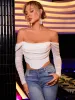 Off Shoulder High-low Hem Ruched Mesh Top sold by Parthea Fashion