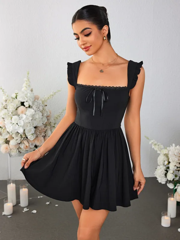 Fly Sleeve Lace Trim Tie Front Mini Dress sold by Parthea Fashion