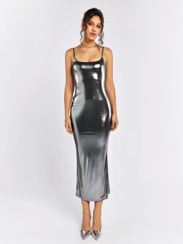 Misty Gold Metallic Fabric Bodycon Dress sold by Parthea Fashion
