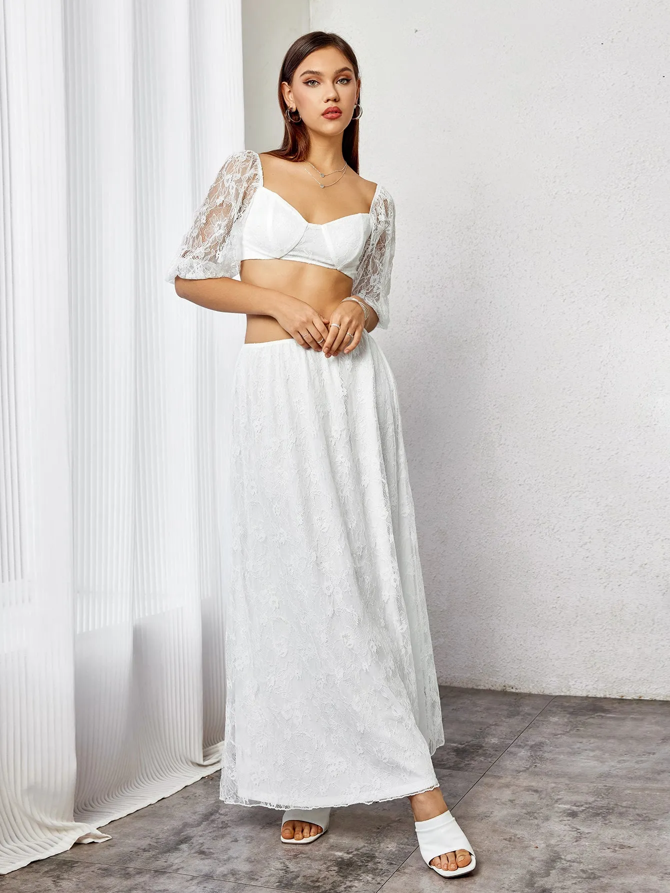 Backless Zipper Lace Crop Top&Lace A-Line Skirt sold by Parthea Fashion product image thumbnail 5