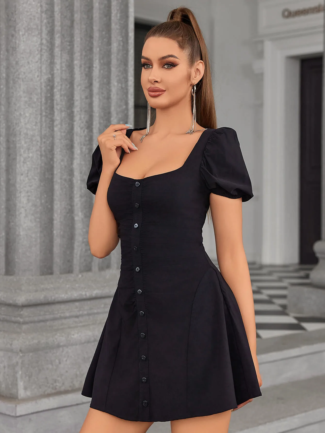 Puff Sleeve Ruched A-Line Dress sold by Parthea Fashion product image thumbnail 4