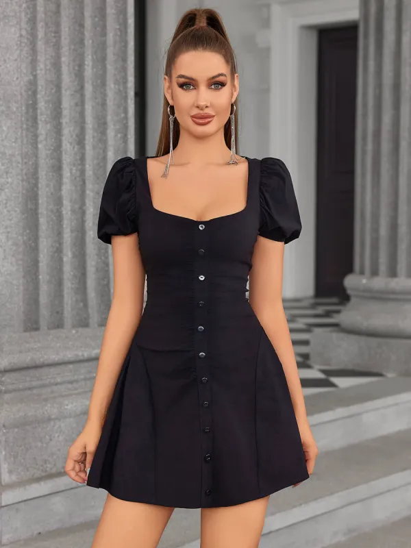 Puff Sleeve Ruched A-Line Dress sold by Parthea Fashion