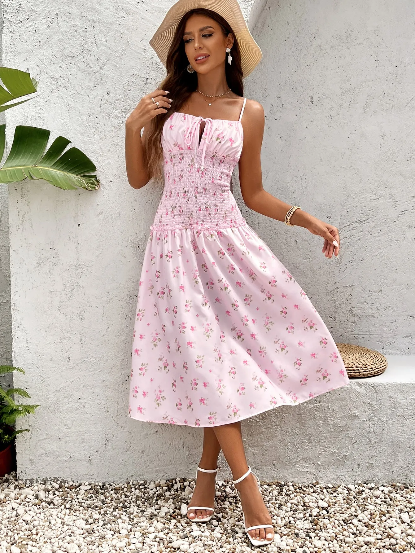 Tie Front Waist Ruched Floral Print Cami Dress sold by Parthea Fashion product image thumbnail 5