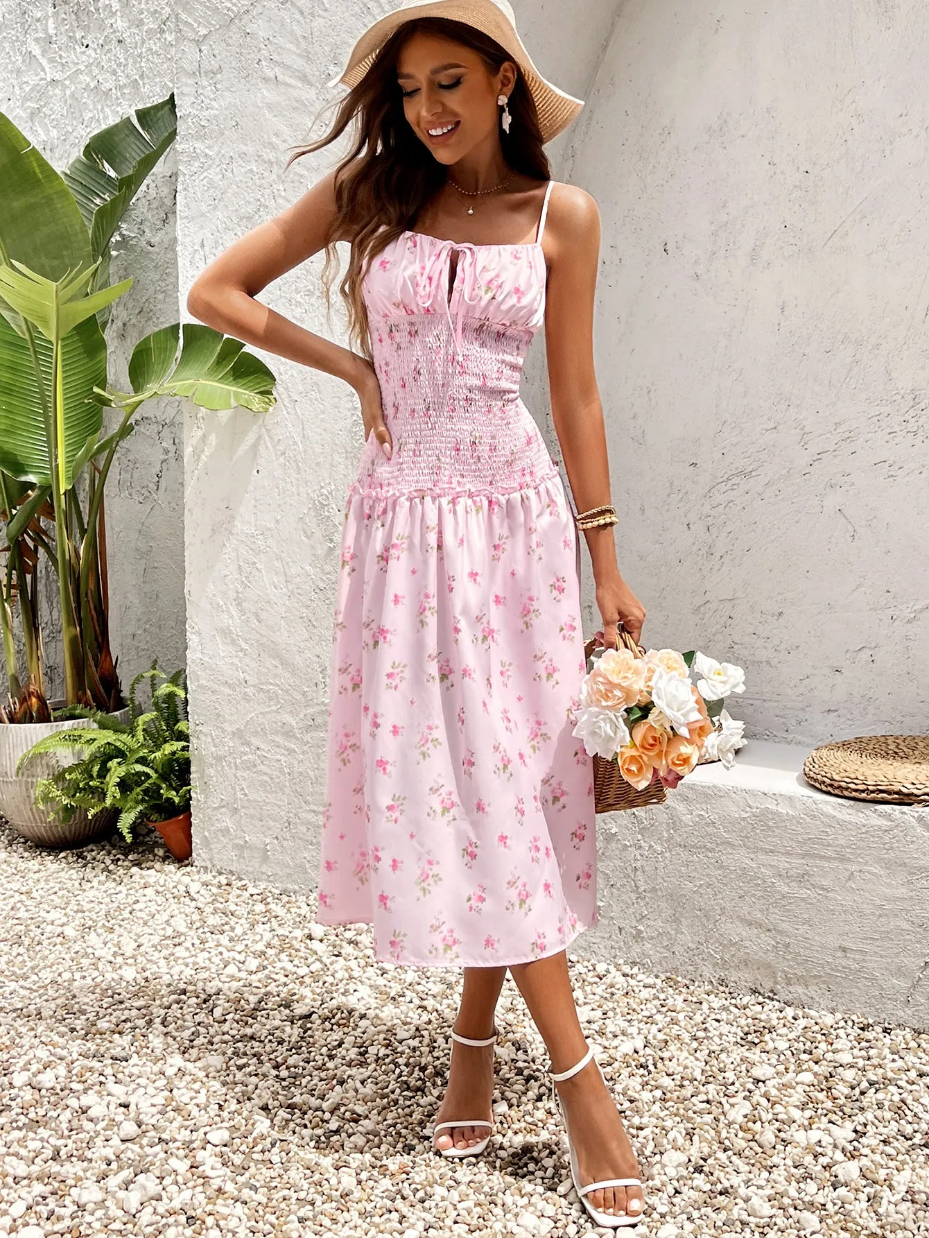 Tie Front Waist Ruched Floral Print Cami Dress sold by Parthea Fashion product image thumbnail 3