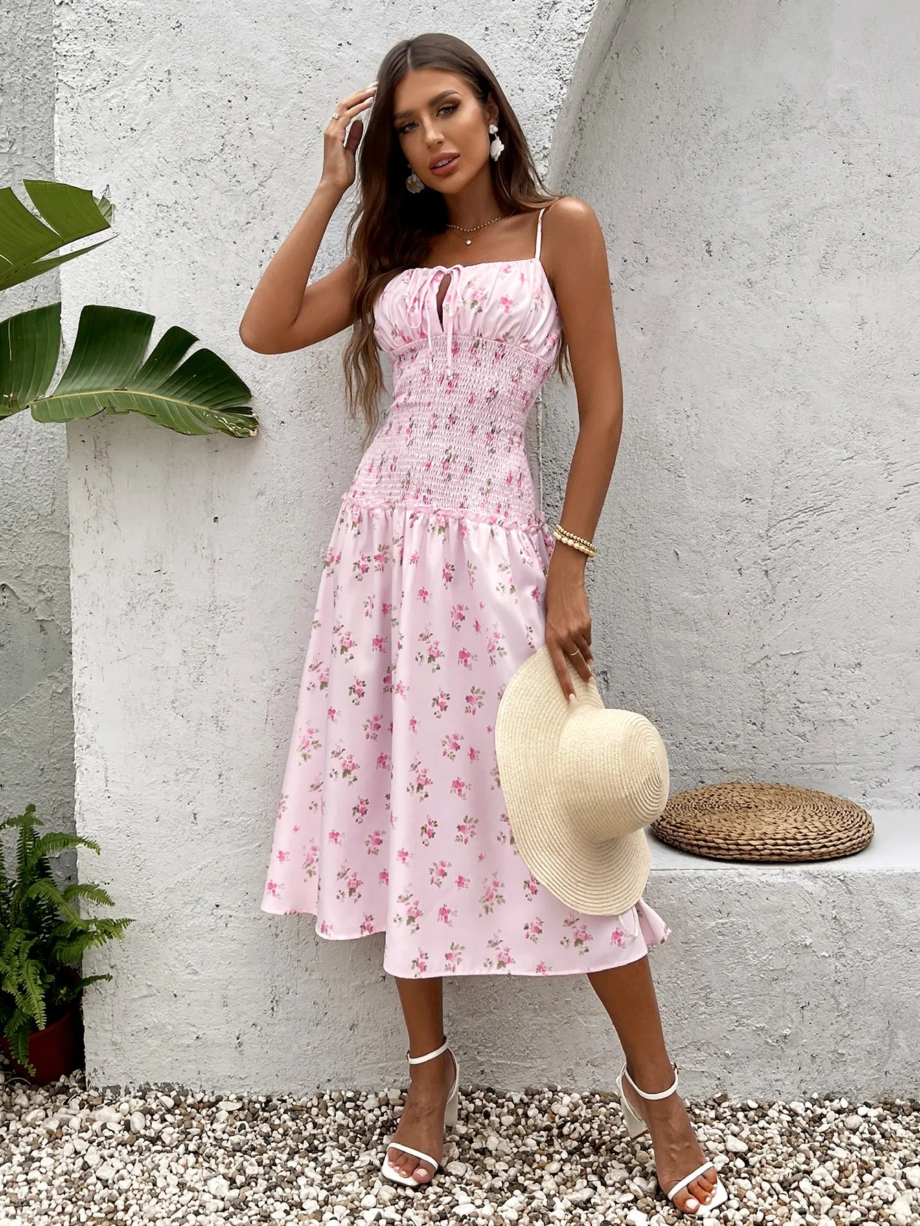 Tie Front Waist Ruched Floral Print Cami Dress sold by Parthea Fashion product image thumbnail 4