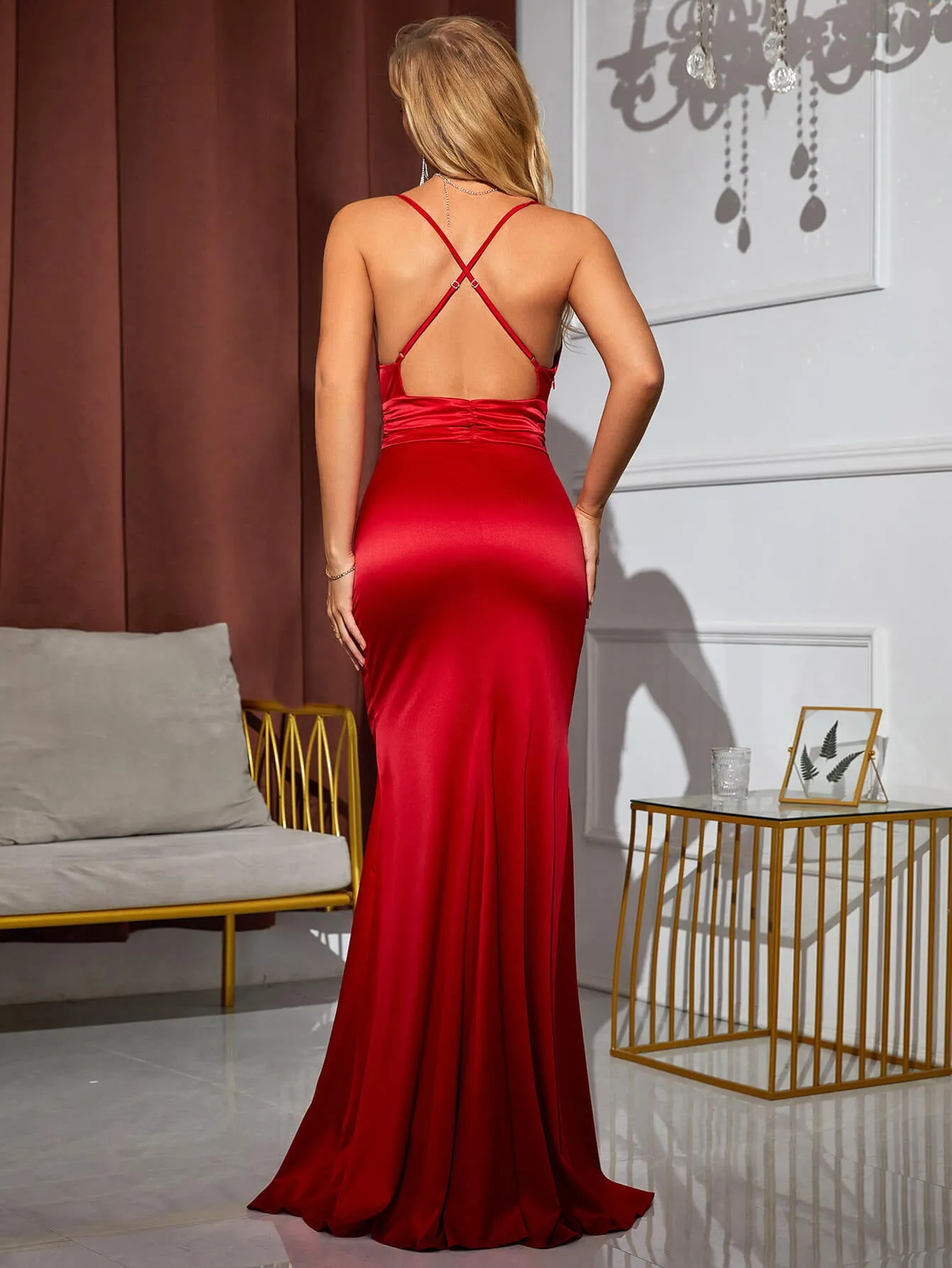 Ruched V Neck Backless Split Thigh Satin Dress sold by Parthea Fashion product image thumbnail 2