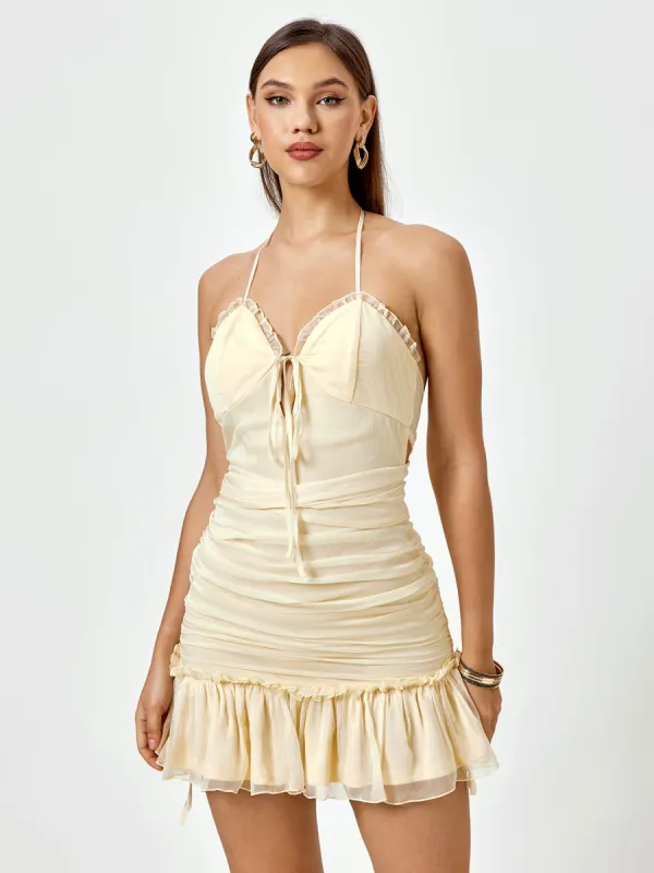 Halter Lace Trim Ruched Mini Dress sold by Parthea Fashion