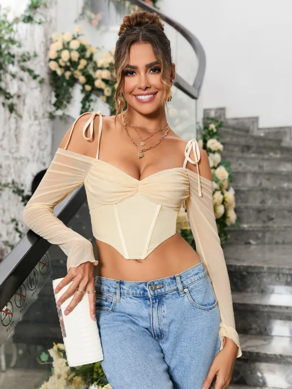 Tie Shoulder Corset Mesh Crop Top sold by Parthea Fashion