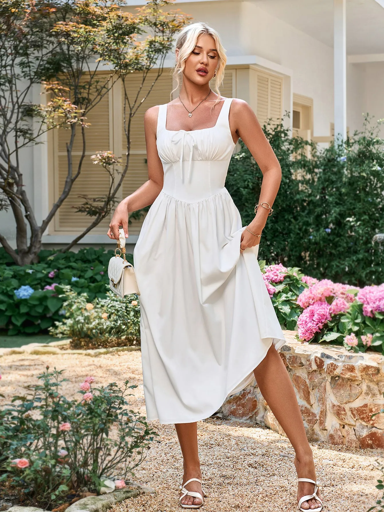 Tie Front Square Neck Shirred Ruched Sundress sold by Parthea Fashion product image thumbnail 3