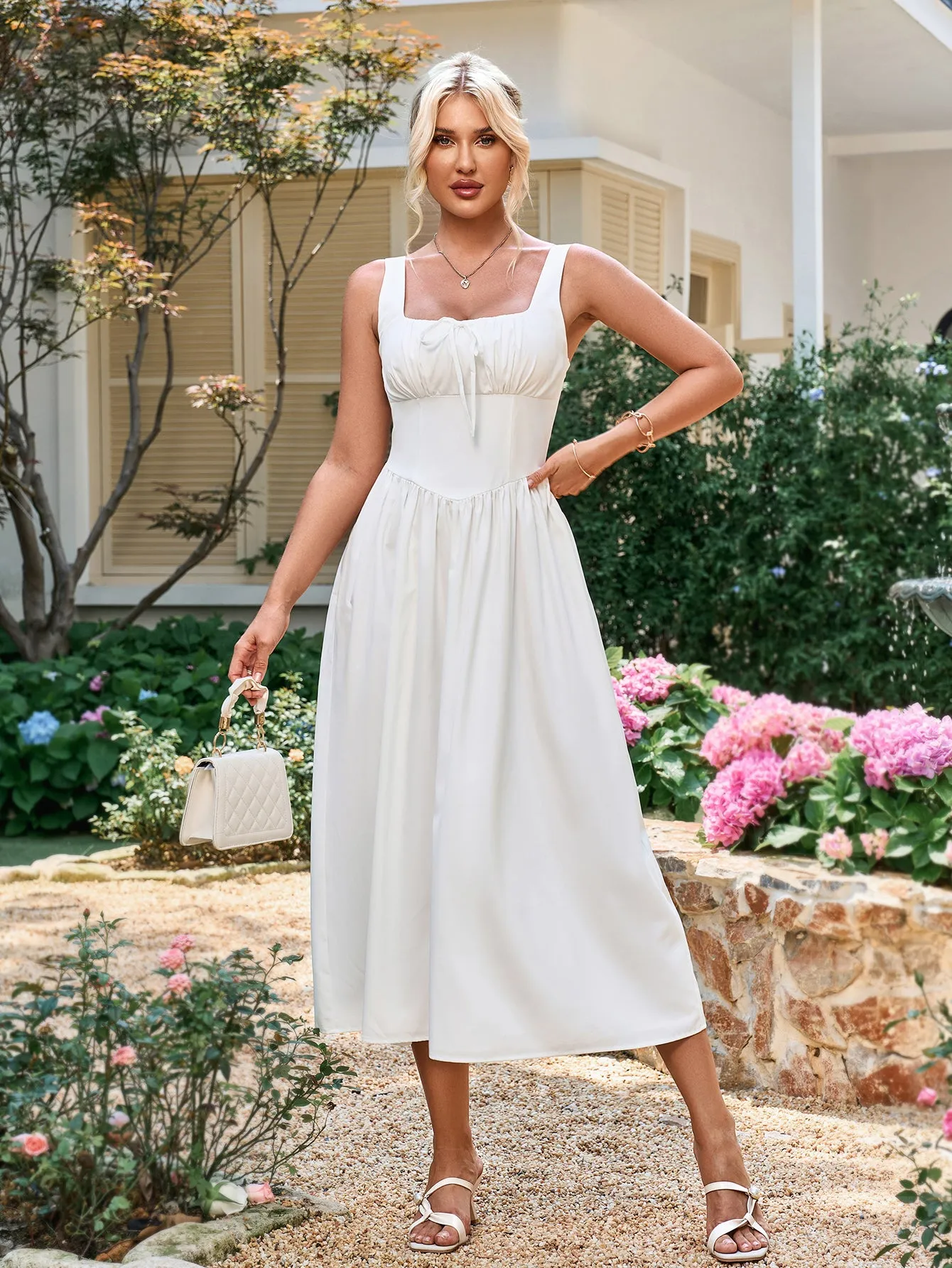 Tie Front Square Neck Shirred Ruched Sundress sold by Parthea Fashion product image thumbnail 4