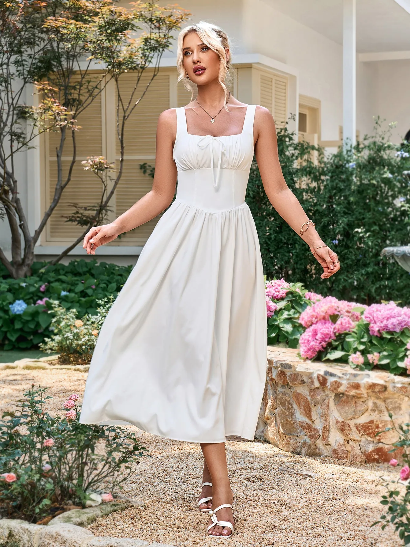 Tie Front Square Neck Shirred Ruched Sundress sold by Parthea Fashion