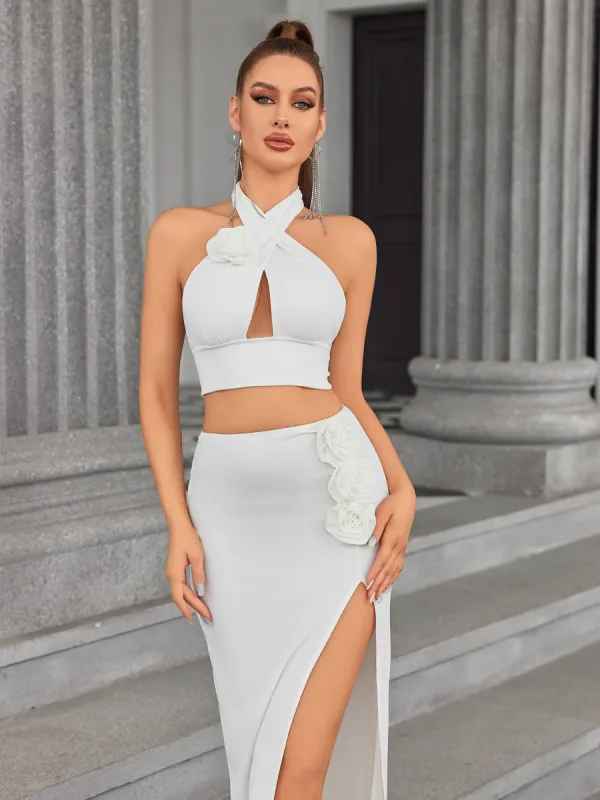 Cut Out Front Halter Embellished Top & Twist Split Thigh Embellished Skirt Set sold by Parthea Fashion
