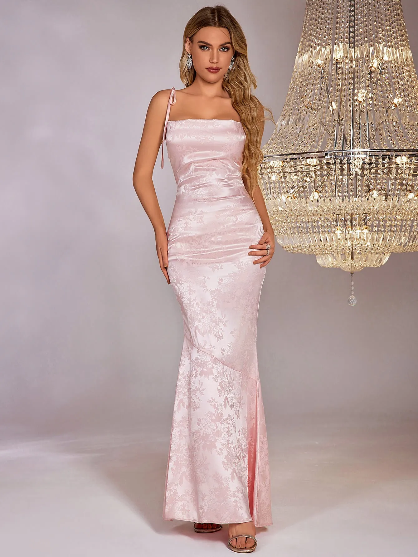 Floral Jacquard Lace Up Backless Split Hem Satin Dress sold by Parthea Fashion product image thumbnail 3