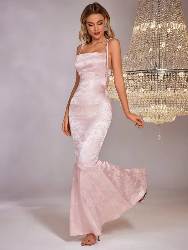 Floral Jacquard Lace Up Backless Split Hem Satin Dress sold by Parthea Fashion