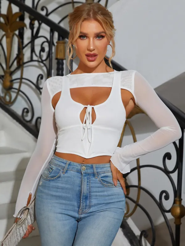 Boning Split Cuff Mesh Sleeve Satin Crop Top sold by Parthea Fashion