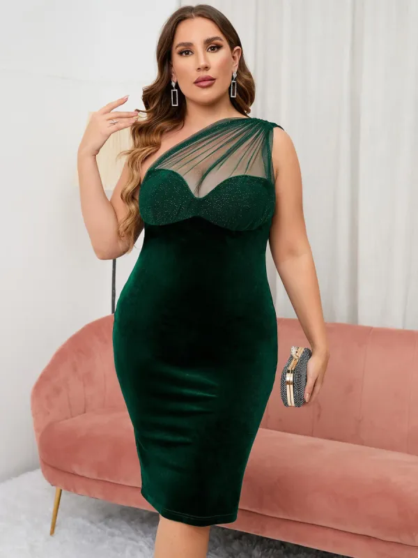 Plus One Shoulder Contrast Mesh Velvet Bodycon Dress sold by Parthea Fashion