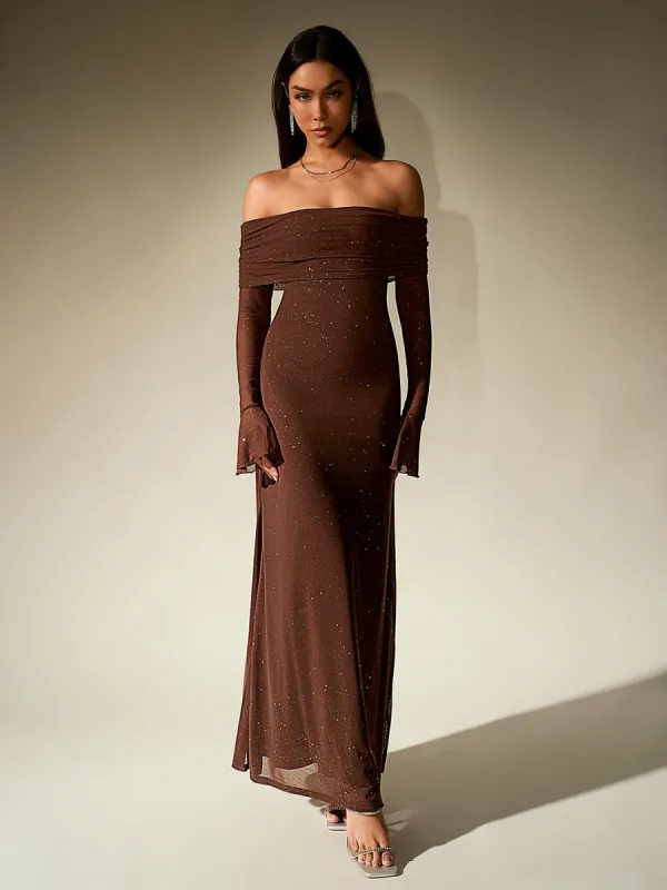 Off Shoulder Flounce Sleeve Mesh Sequin Dress sold by Parthea Fashion