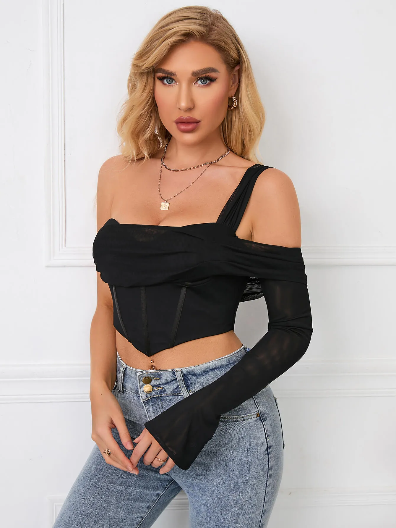One Sleeve Corset Mesh Top sold by Parthea Fashion product image thumbnail 3