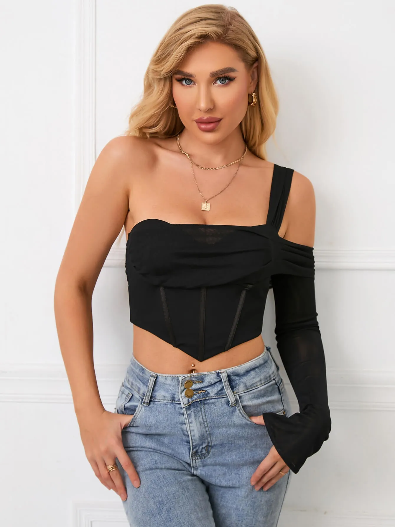 One Sleeve Corset Mesh Top sold by Parthea Fashion product image thumbnail 4