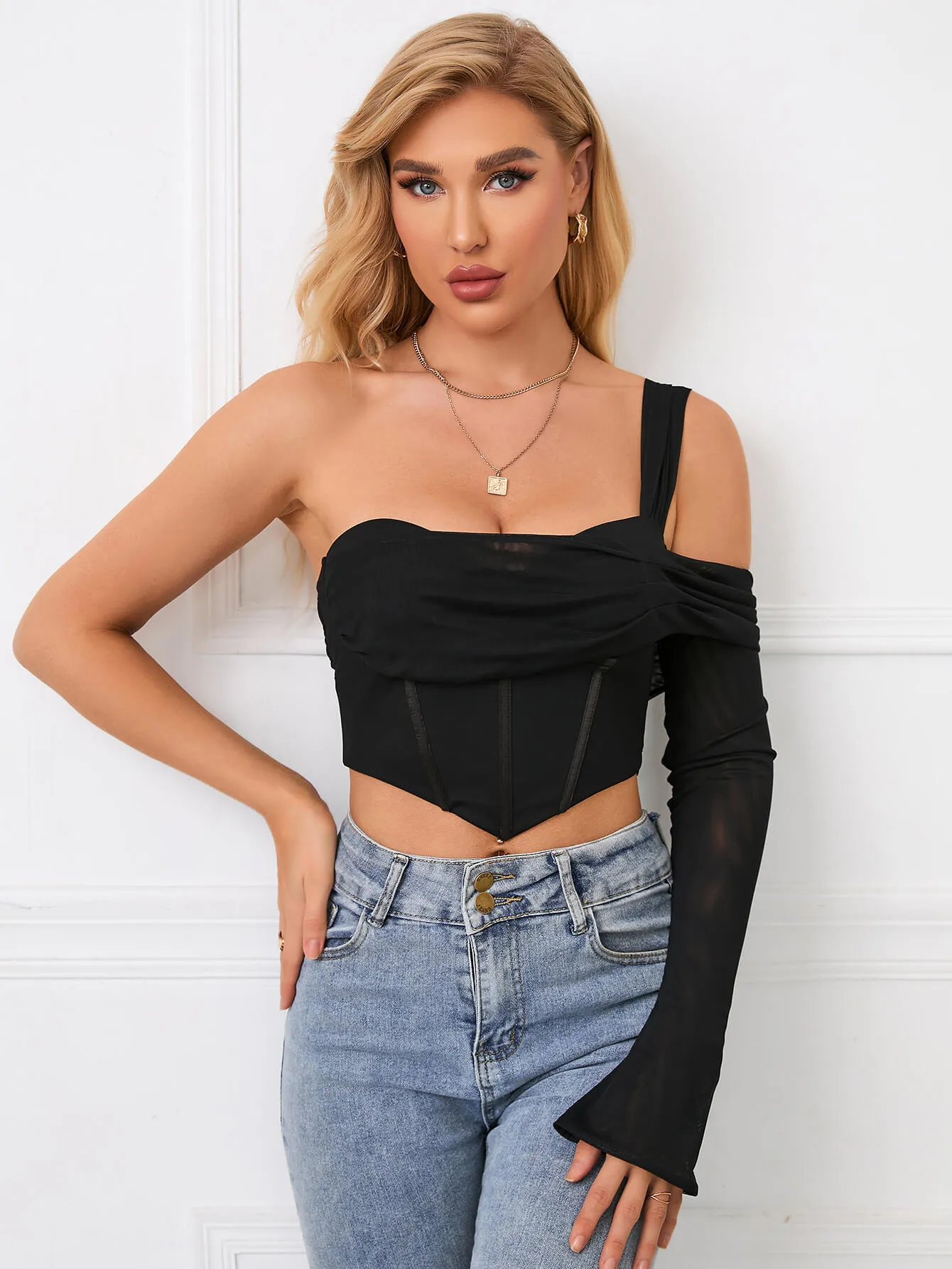 One Sleeve Corset Mesh Top sold by Parthea Fashion