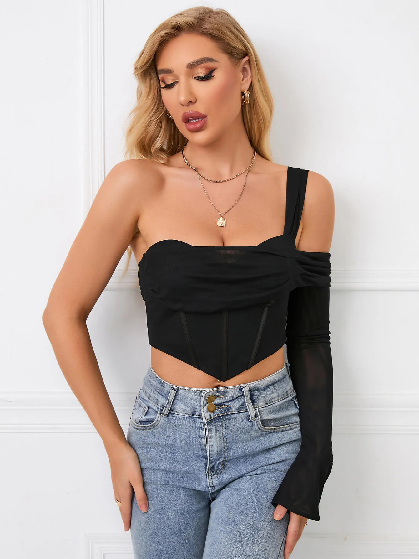 One Sleeve Corset Mesh Top sold by Parthea Fashion product image thumbnail 5