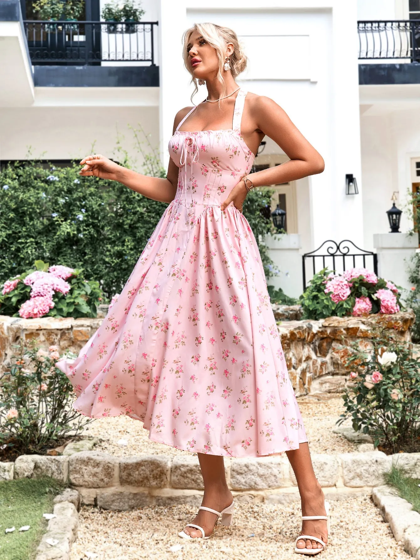 Halter Tie Smocking Floral Print Bodycon Dress sold by Parthea Fashion product image thumbnail 4