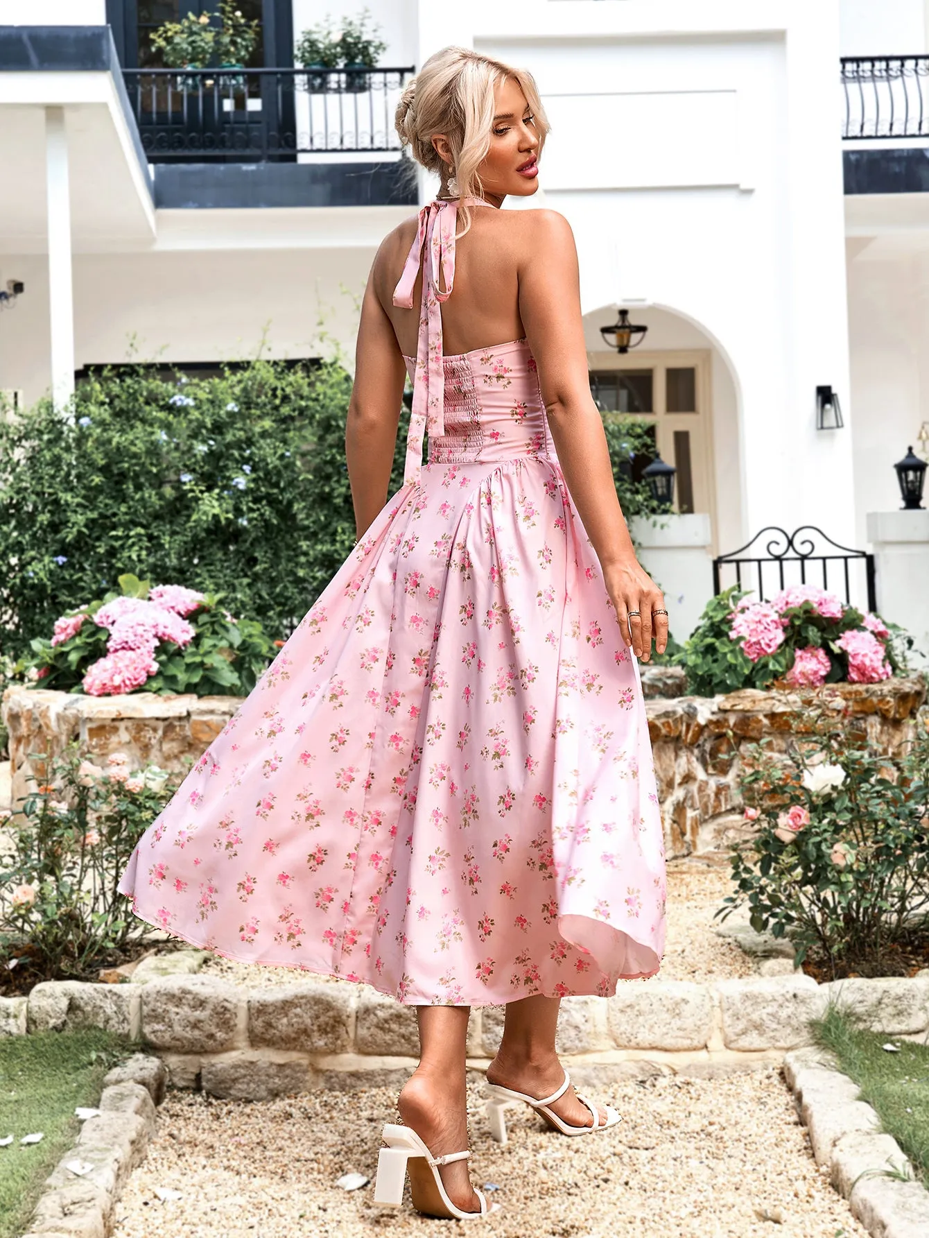 Halter Tie Smocking Floral Print Bodycon Dress sold by Parthea Fashion product image thumbnail 2