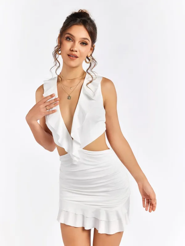 Flounce Trim Cut Out Ruched Mini Dress sold by Parthea Fashion