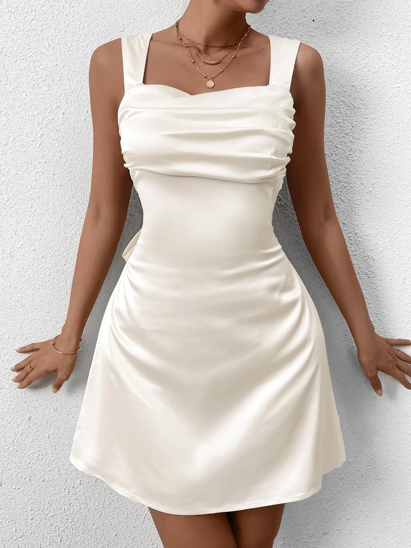 Backless Ruched Tie Back Draped Mini Dress sold by Parthea Fashion