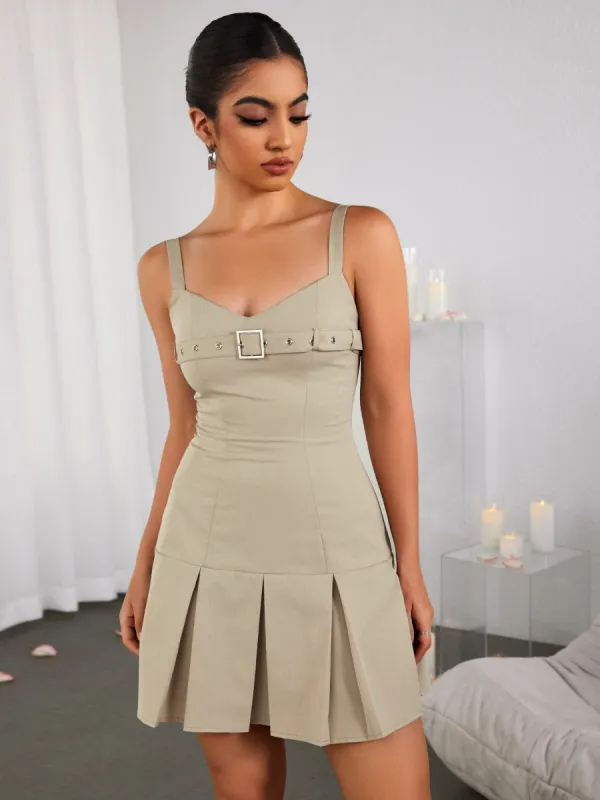 Removable Belt At Neckline Pleated Mini Dress sold by Parthea Fashion
