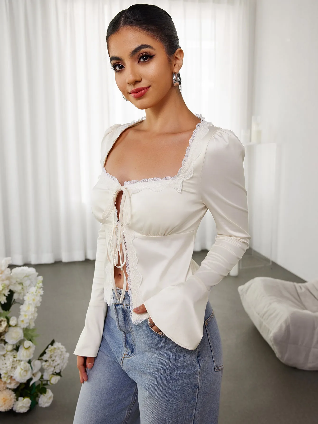 Cut Out Lace Trim Tie Front Top sold by Parthea Fashion product image thumbnail 4