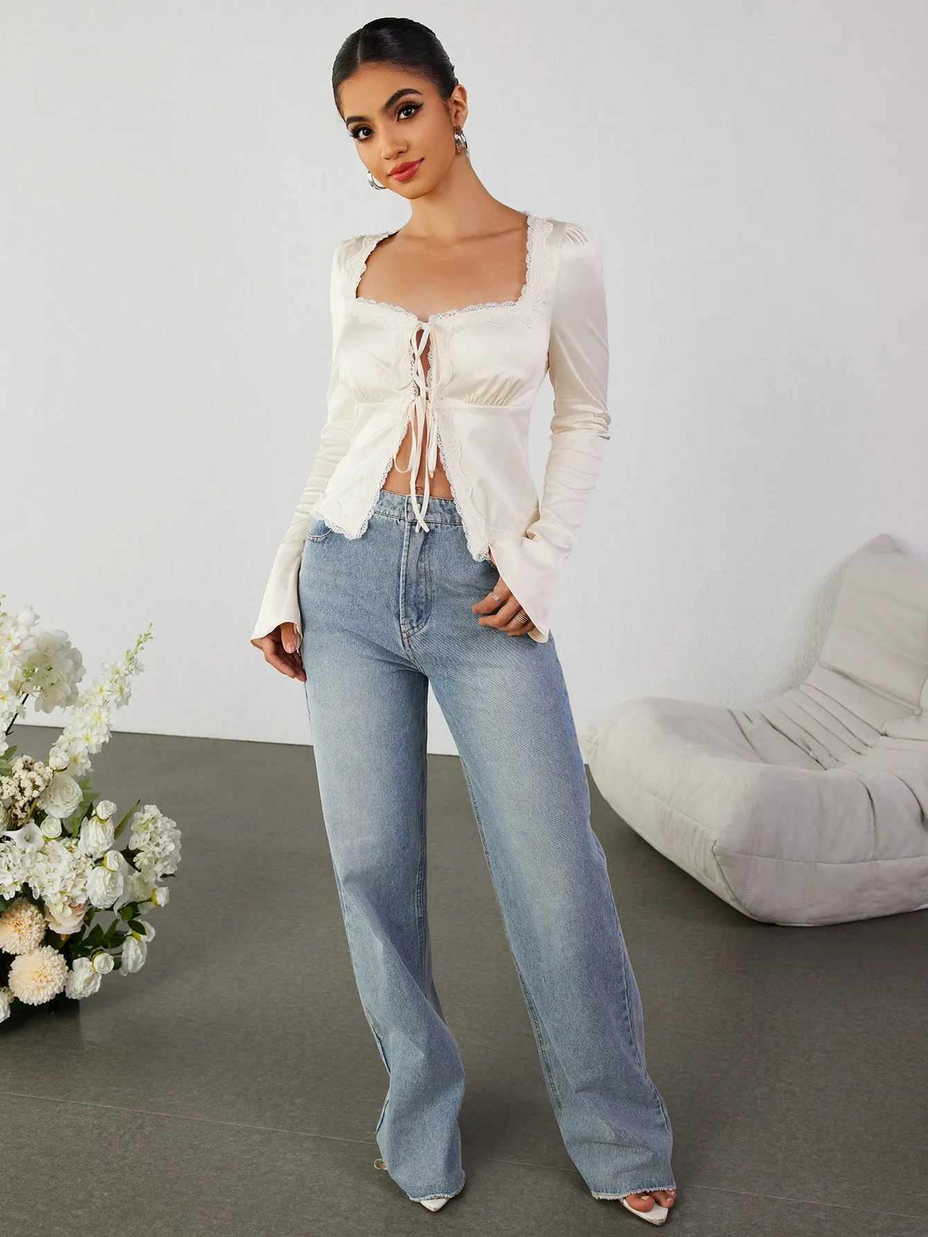 Cut Out Lace Trim Tie Front Top sold by Parthea Fashion product image thumbnail 5