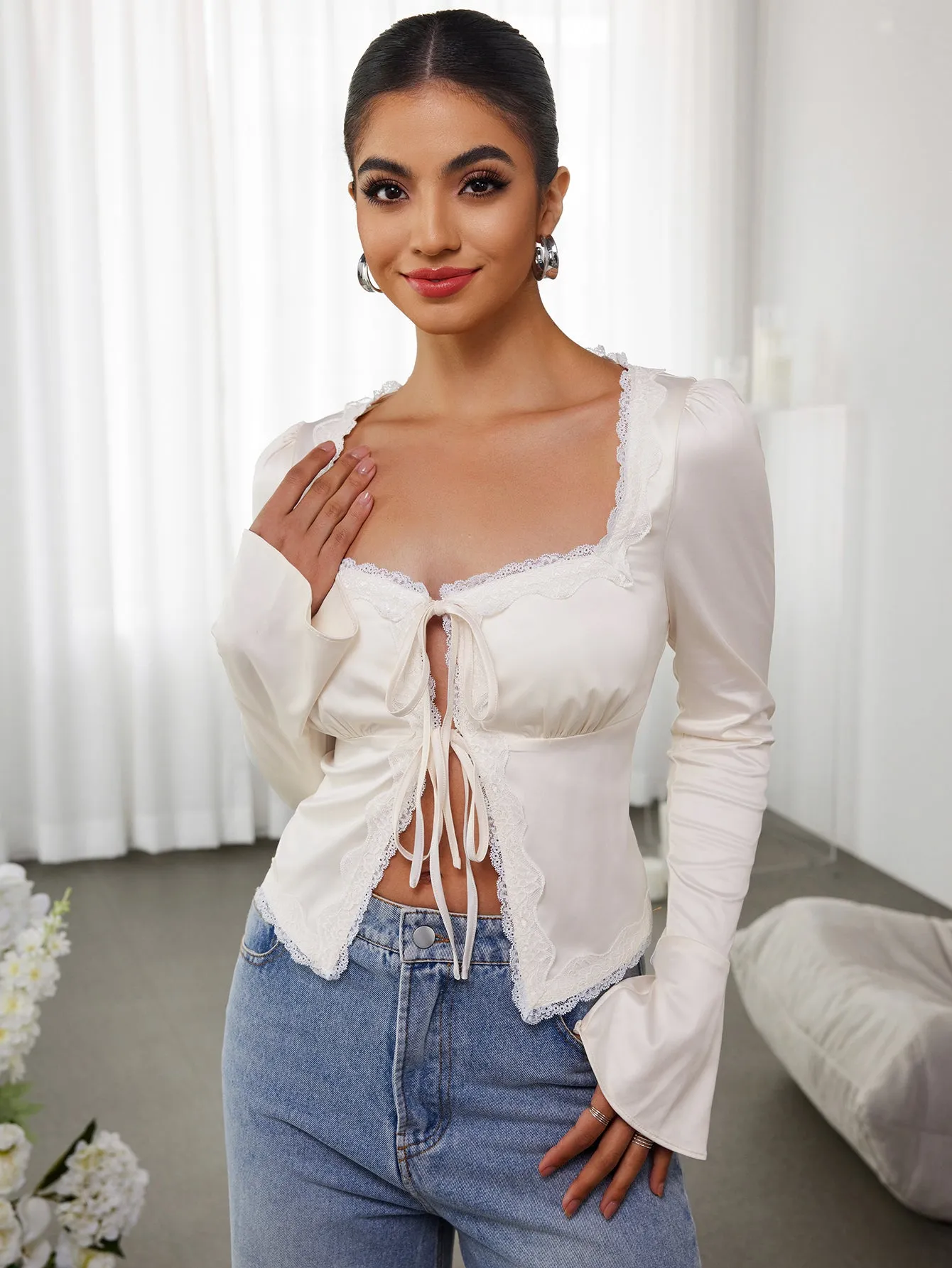 Cut Out Lace Trim Tie Front Top sold by Parthea Fashion product image thumbnail 3