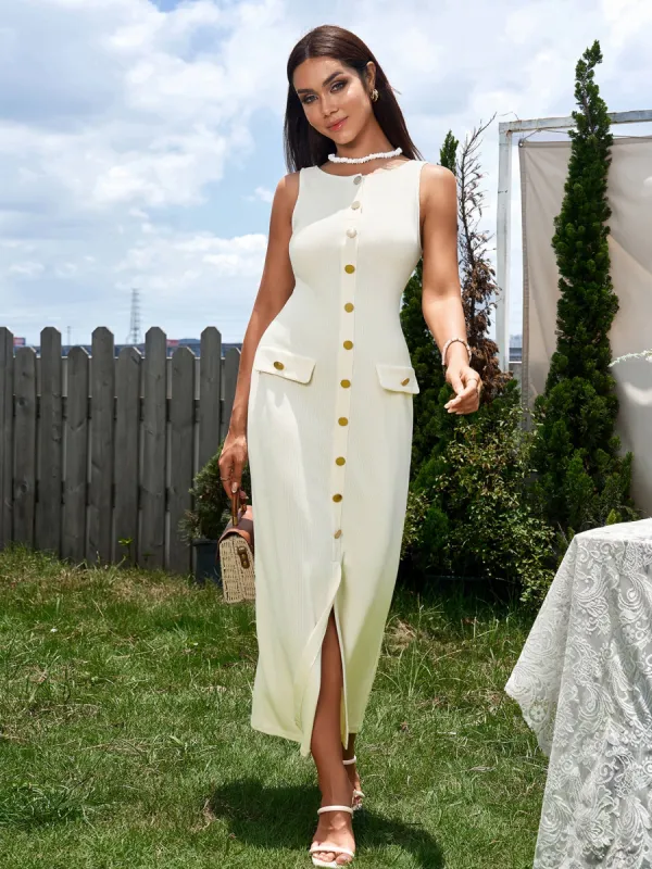 Embellished Button Split Hem Bodycon Dress sold by Parthea Fashion
