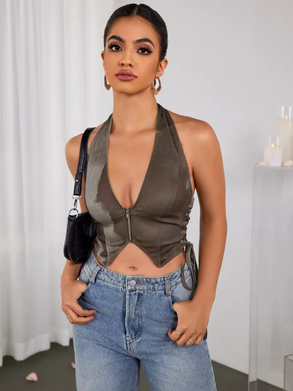 Halter Deep V-Neck Asymmetrical Hem Crop Top sold by Parthea Fashion