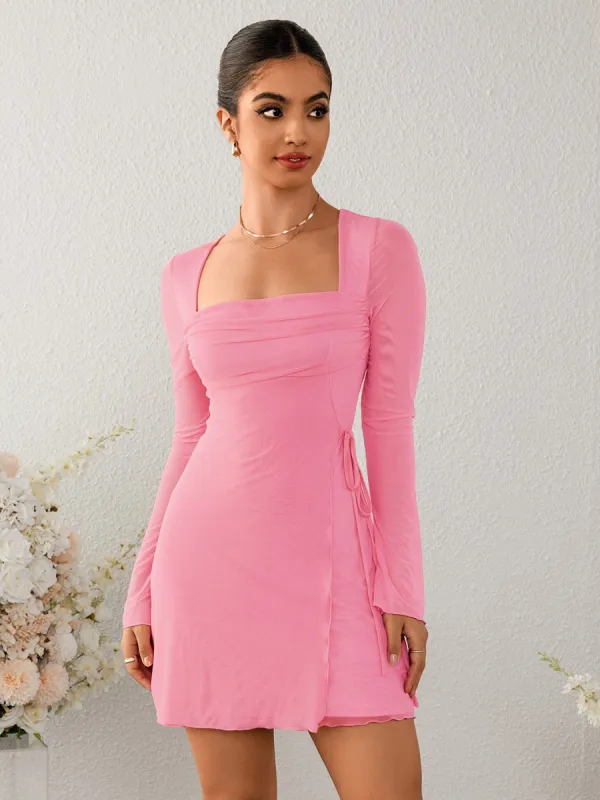 Square Neck Ruched Mesh Mini Dress sold by Parthea Fashion