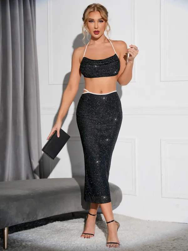 Glitter Backless Draped Crop Halter Top & Contrast Binding Skirt sold by Parthea Fashion