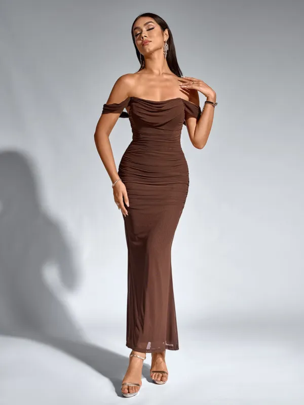 Off Shoulder Ruched Zipper Back Bodycon Dress sold by Parthea Fashion