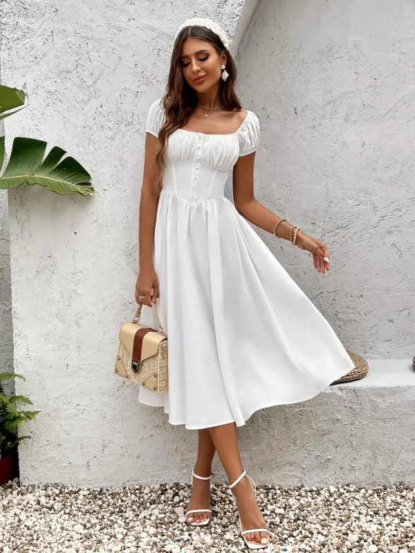Puff Sleeve Ruched Bust Button Midi Dress sold by Parthea Fashion