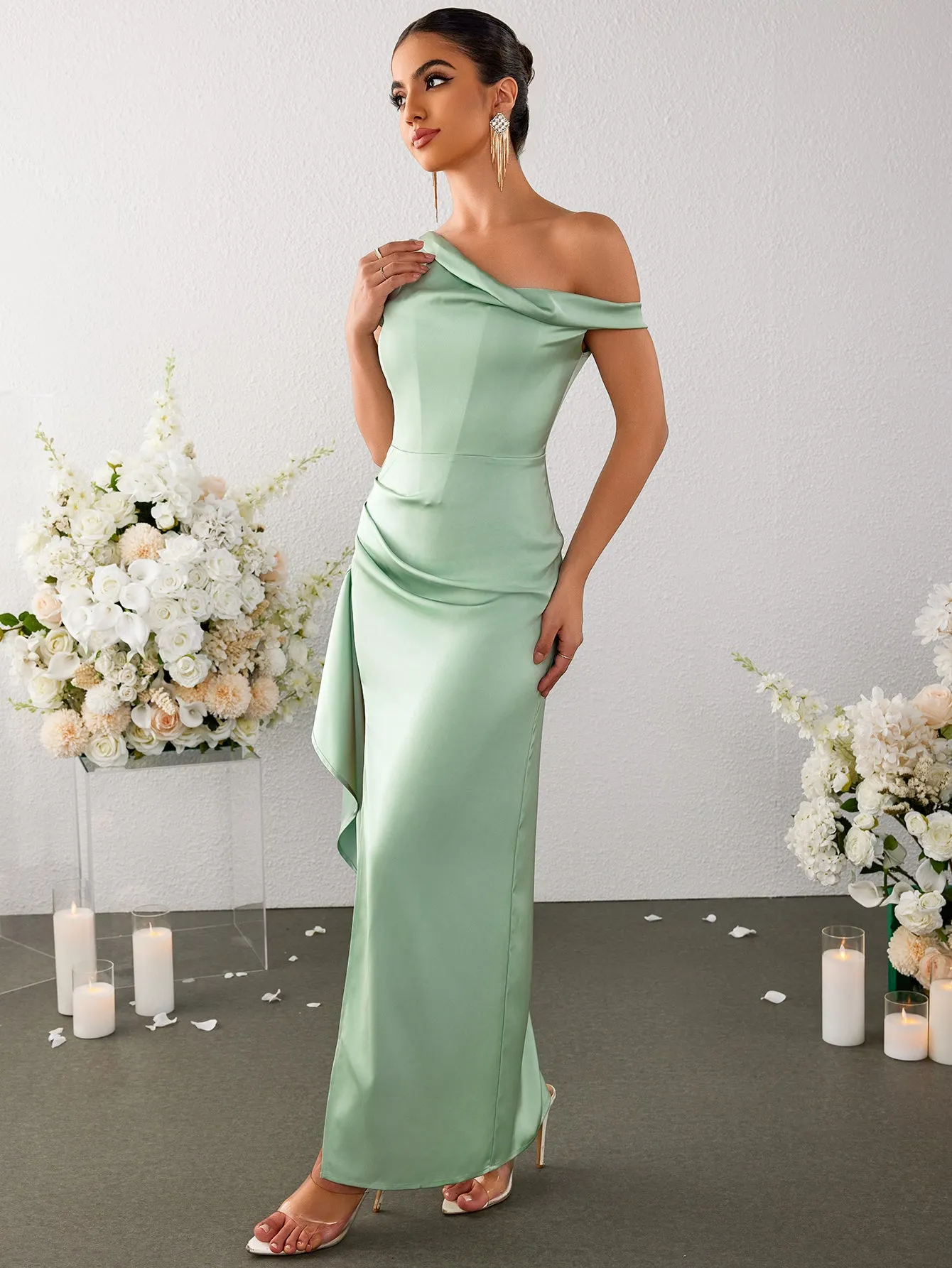 Off Shoulder Side Ruffle Slit Hem Satin Dress sold by Parthea Fashion product image thumbnail 4