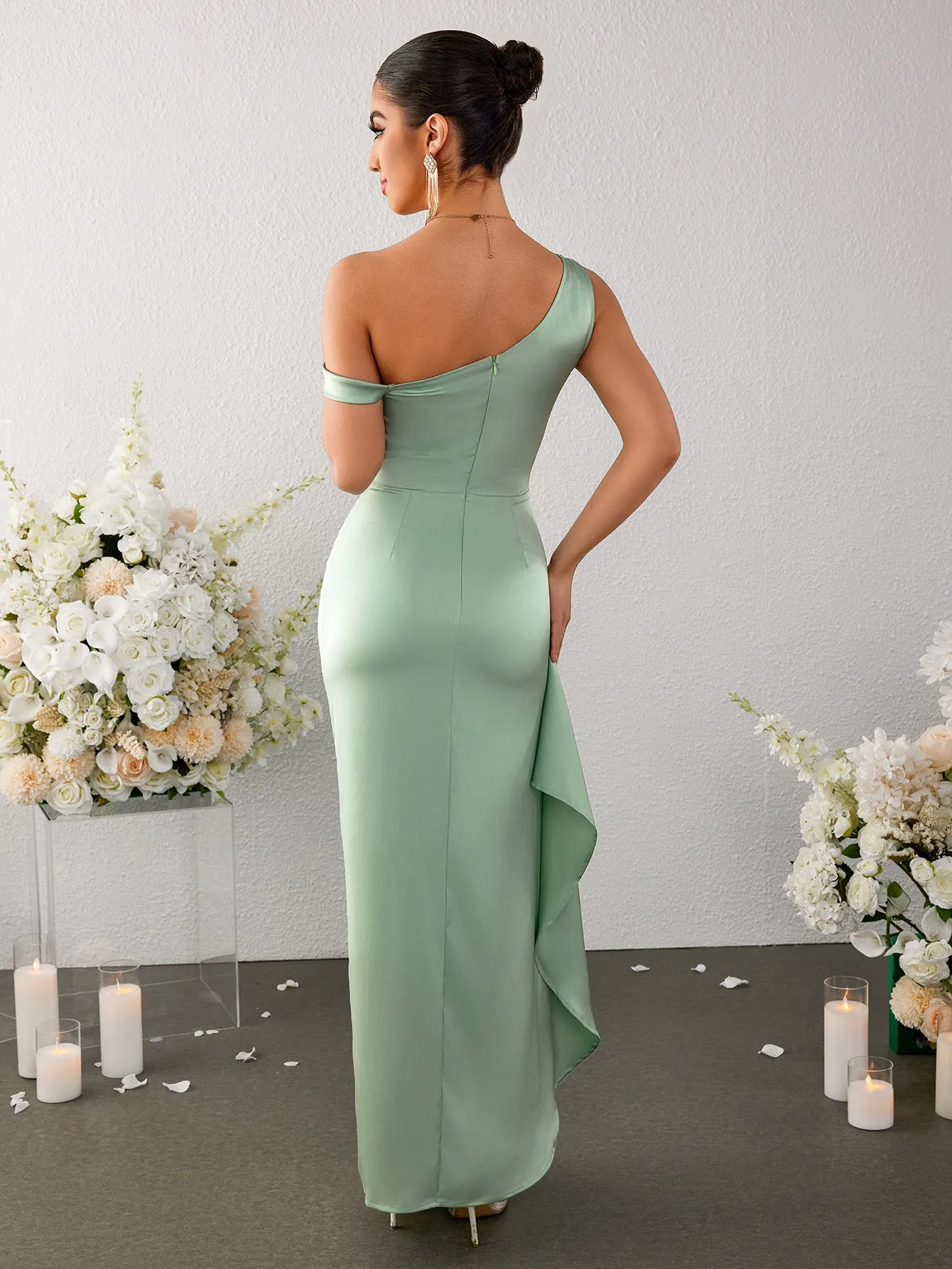 Off Shoulder Side Ruffle Slit Hem Satin Dress sold by Parthea Fashion product image thumbnail 2