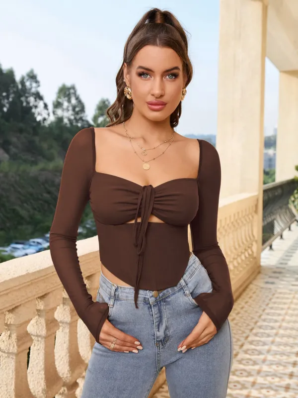 Square Neck Tie Front Cut Out Crop Top sold by Parthea Fashion