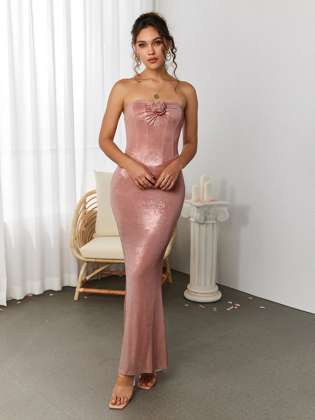 Glitter Stereo Flower Split Hem Tube Dress sold by Parthea Fashion product image thumbnail 4