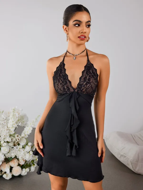 Halter Lace Spliced Ruffle Mini Dress sold by Parthea Fashion