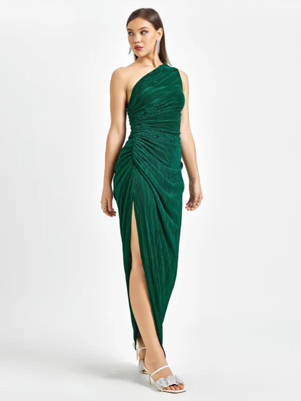 One Shoulder Ruched Thigh Slit Dress sold by Parthea Fashion
