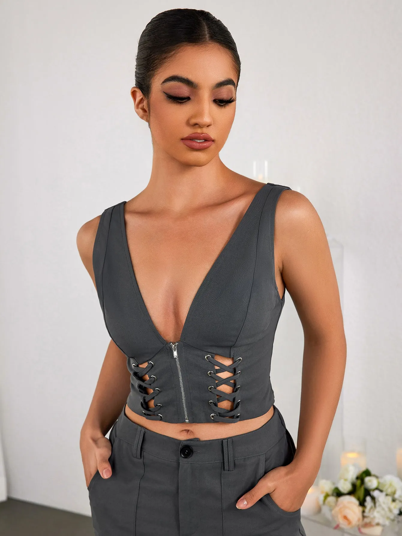 Deep V-Neck Cut Out Zipper Crop Top sold by Parthea Fashion product image thumbnail 3