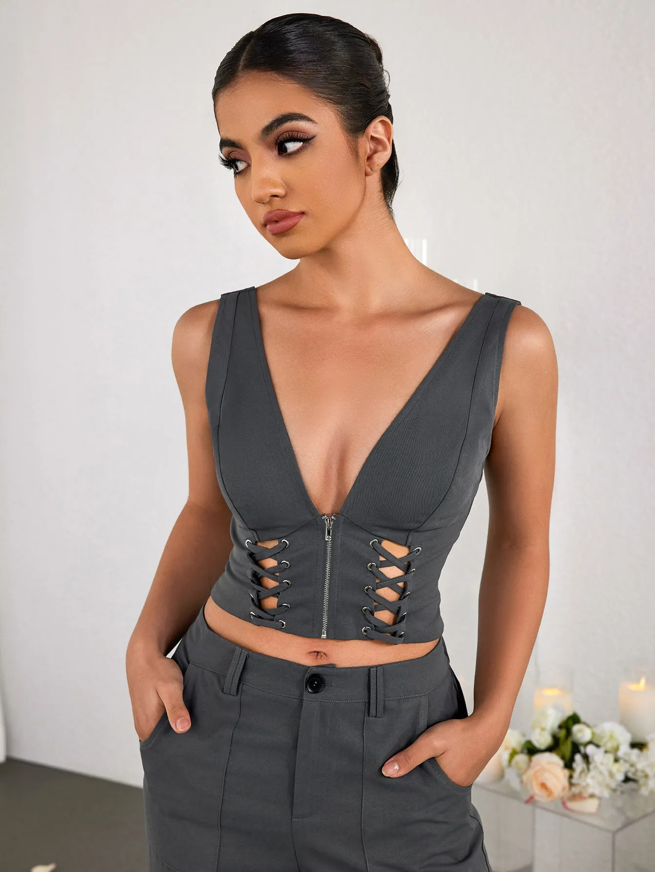 Deep V-Neck Cut Out Zipper Crop Top sold by Parthea Fashion product image thumbnail 4
