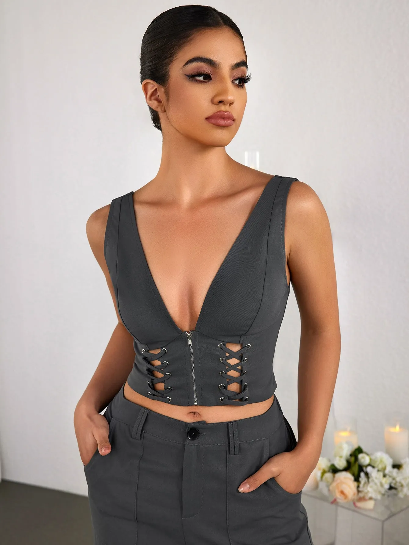 Deep V-Neck Cut Out Zipper Crop Top sold by Parthea Fashion