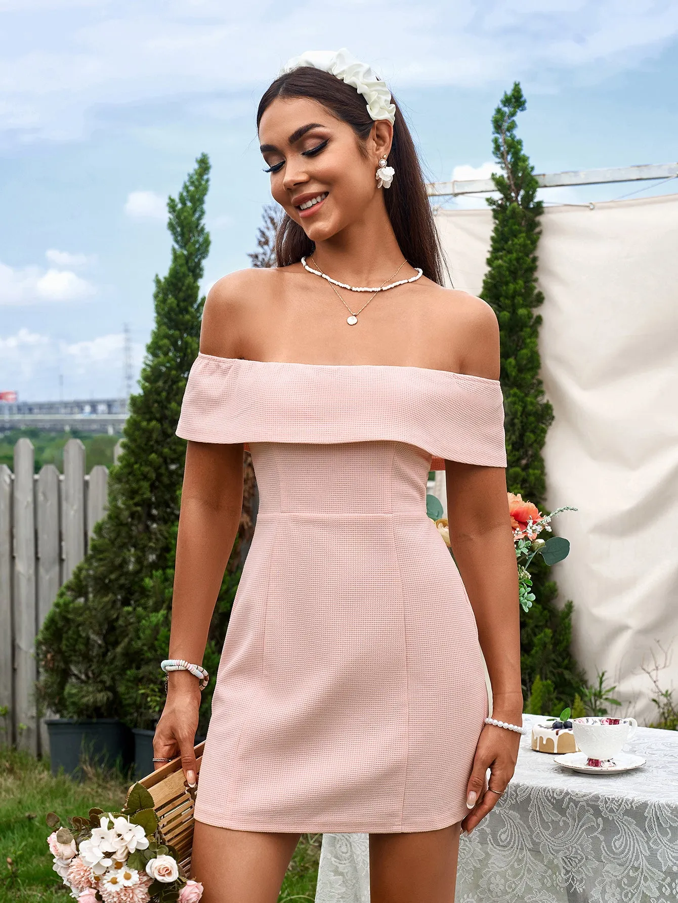 Off Shoulder Zipper Back Waffle Mini Dress sold by Parthea Fashion