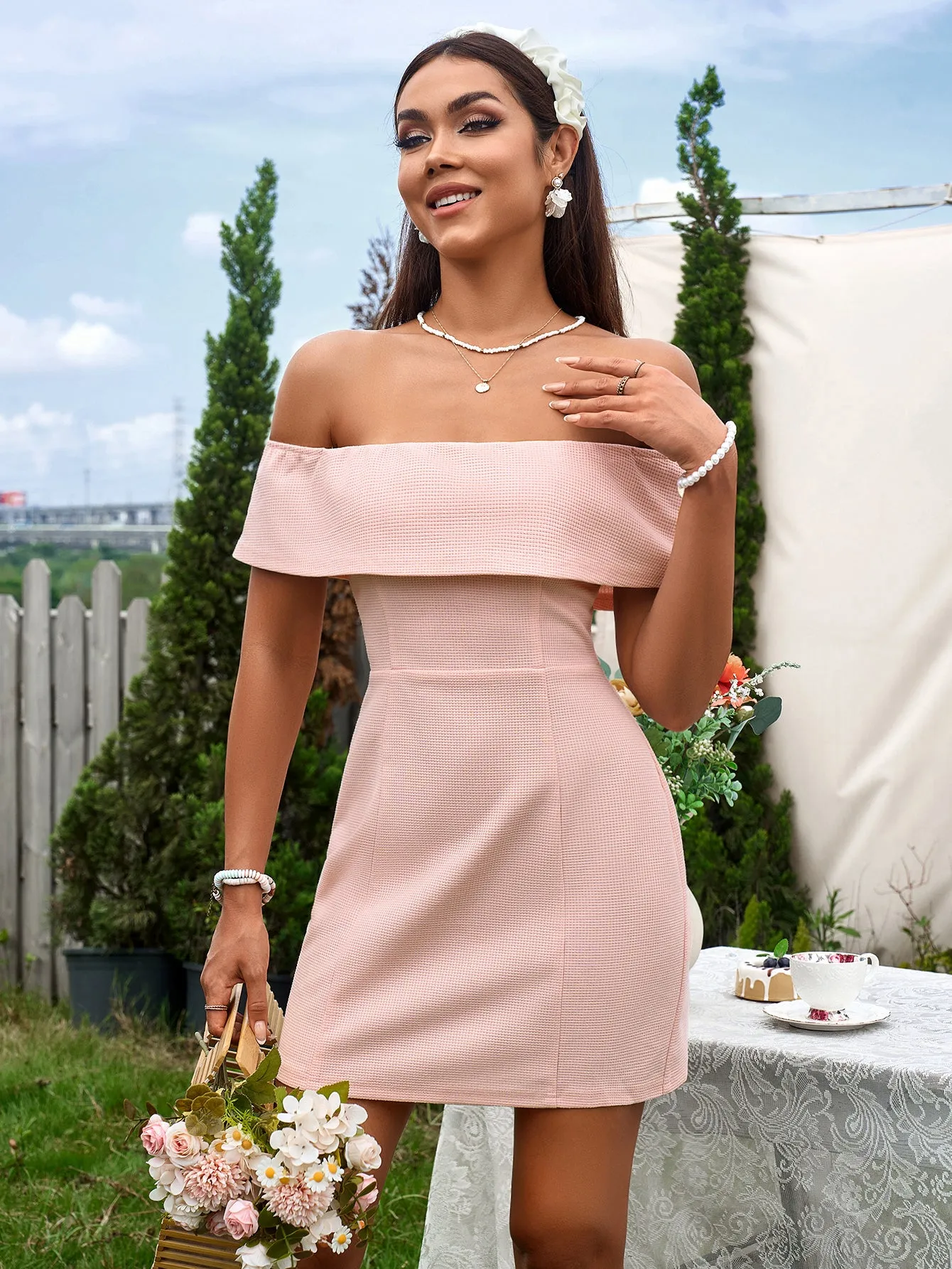 Off Shoulder Zipper Back Waffle Mini Dress sold by Parthea Fashion product image thumbnail 4